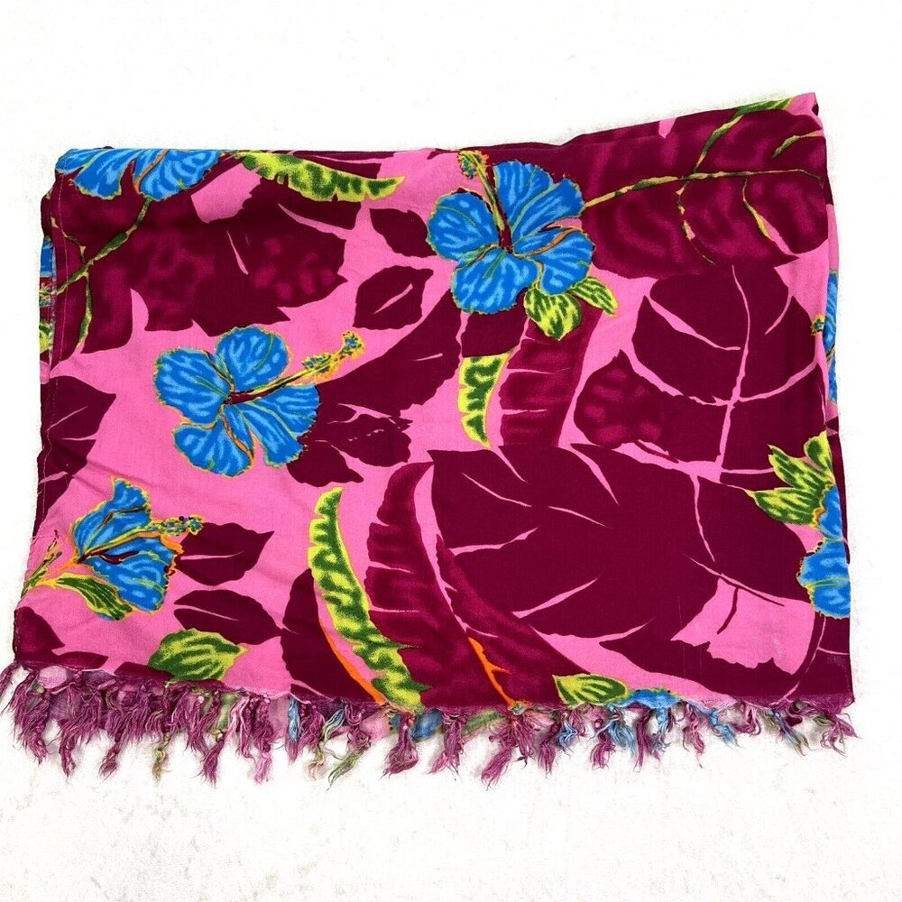HIBISCUS COLLECTION HAWAII Beach Sarong Wrap Scarf Cover Up Pink Fringe - Picture 5 of 6
